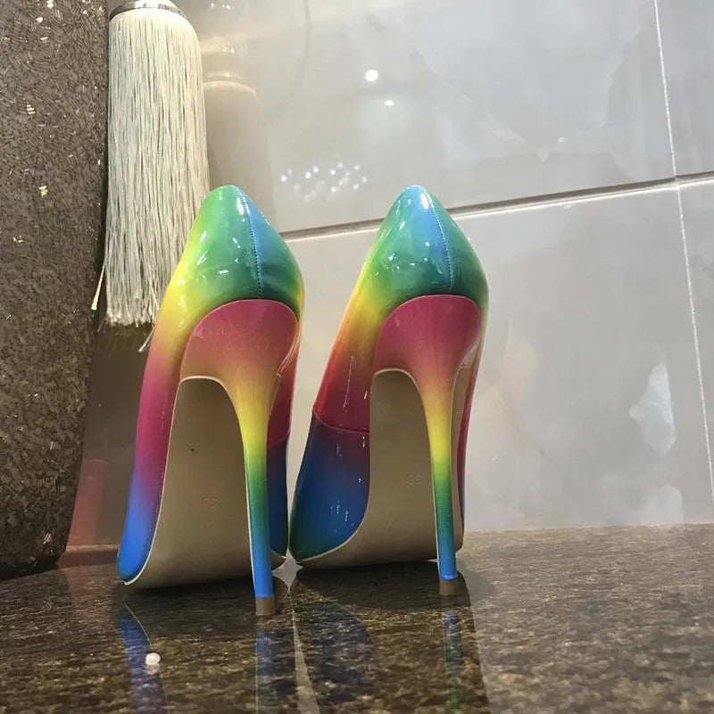 Rainbow patent leather women's high heels with pointed toe and thin stiletto heel