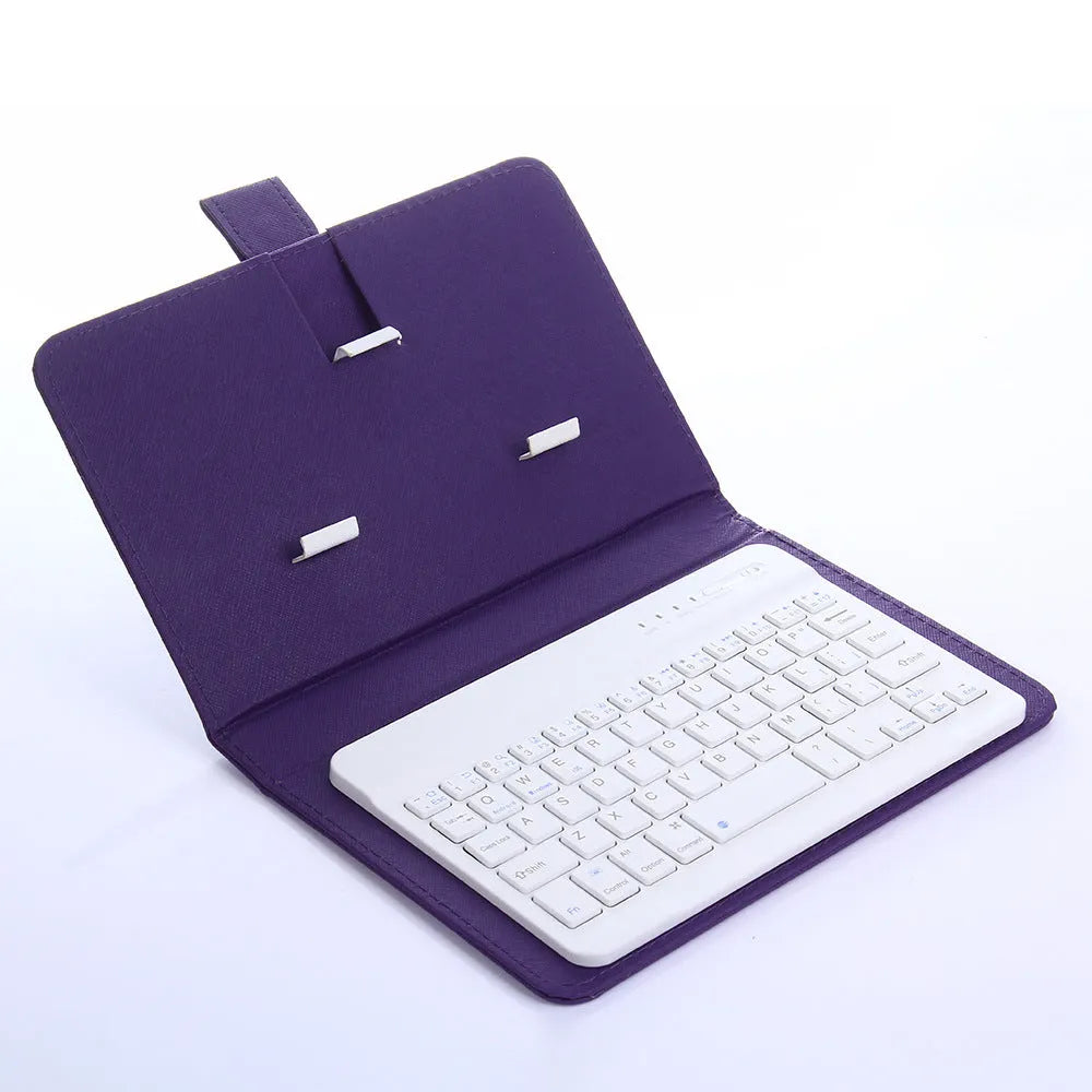 Bluetooth keyboard holster in black with phone inserted, showing stand function and keyboard layout