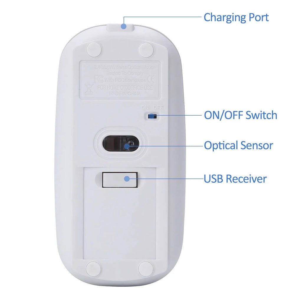 White wireless optical mouse with 2.4G USB receiver, 4 buttons, and rechargeable battery