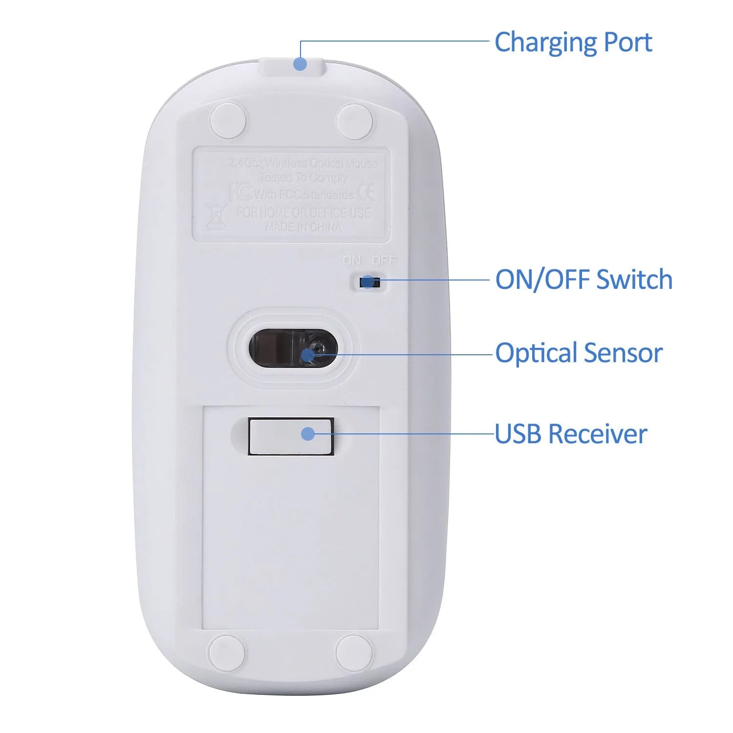 White wireless optical mouse with 2.4G USB receiver, 4 buttons, and rechargeable battery