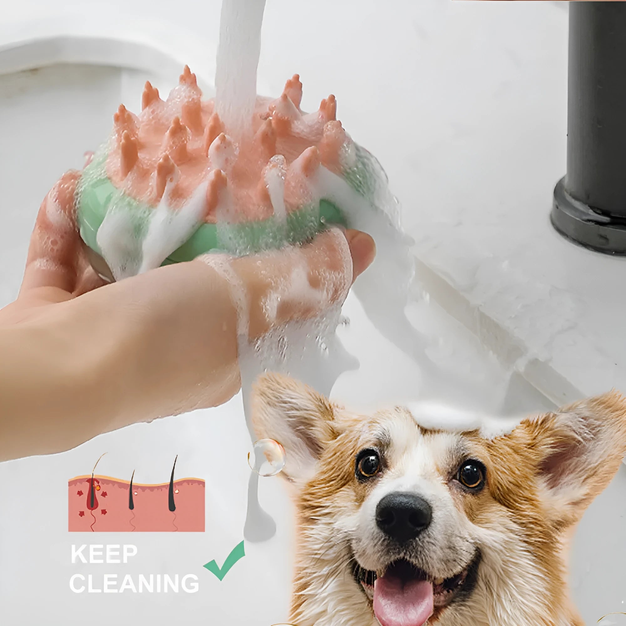 Blue 2-in-1 pet grooming brush with soft silicone bristles and shampoo dispenser on a light background