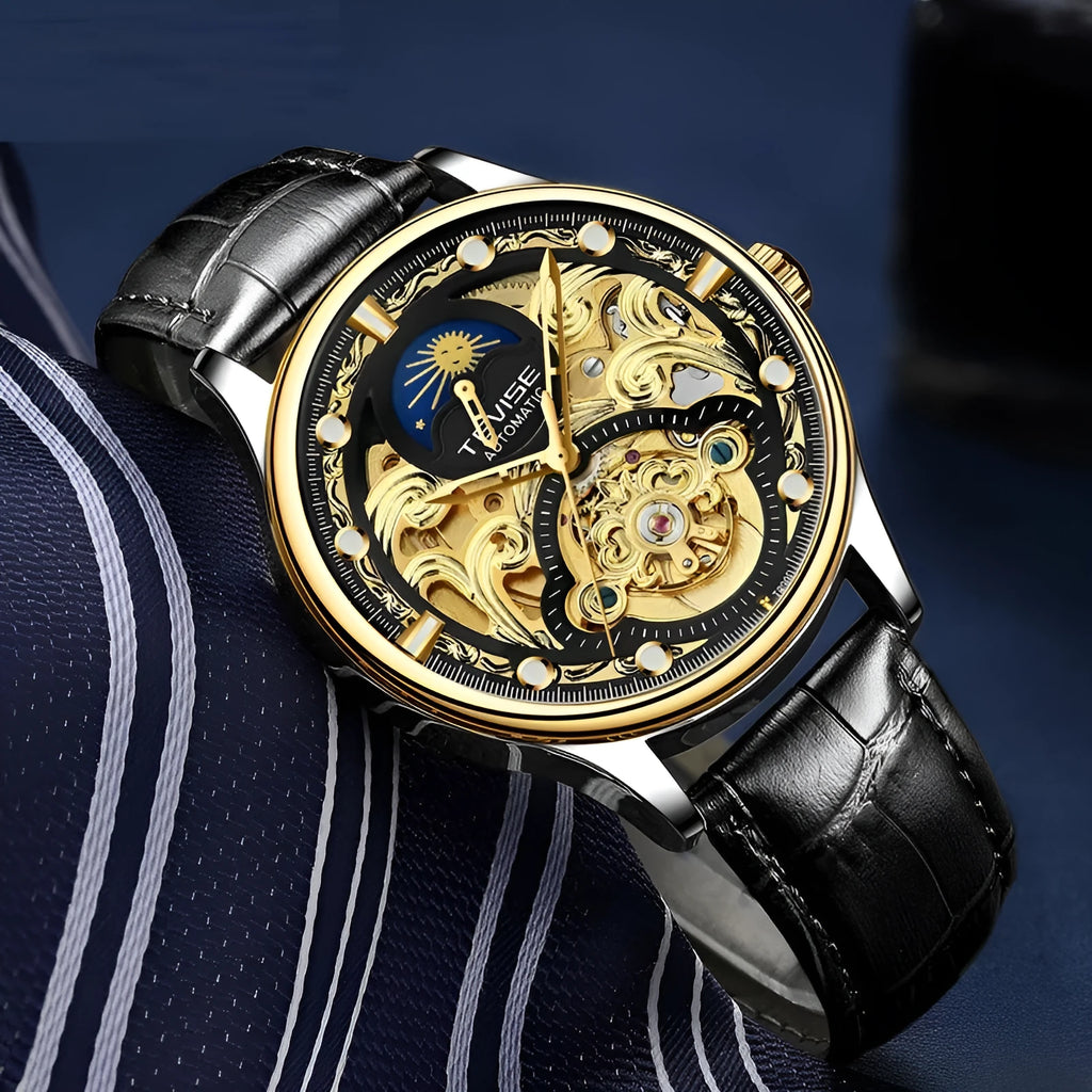 Men's automatic mechanical watch with leather strap showing luminous hands and clear dial markings