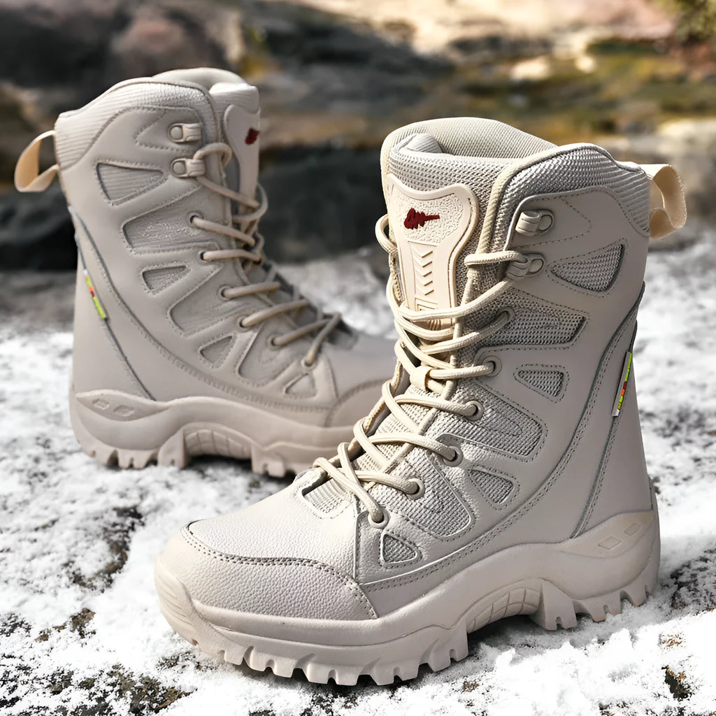 Men's cowhide leather hi-top hiking shoes in beige colour on outdoor terrain