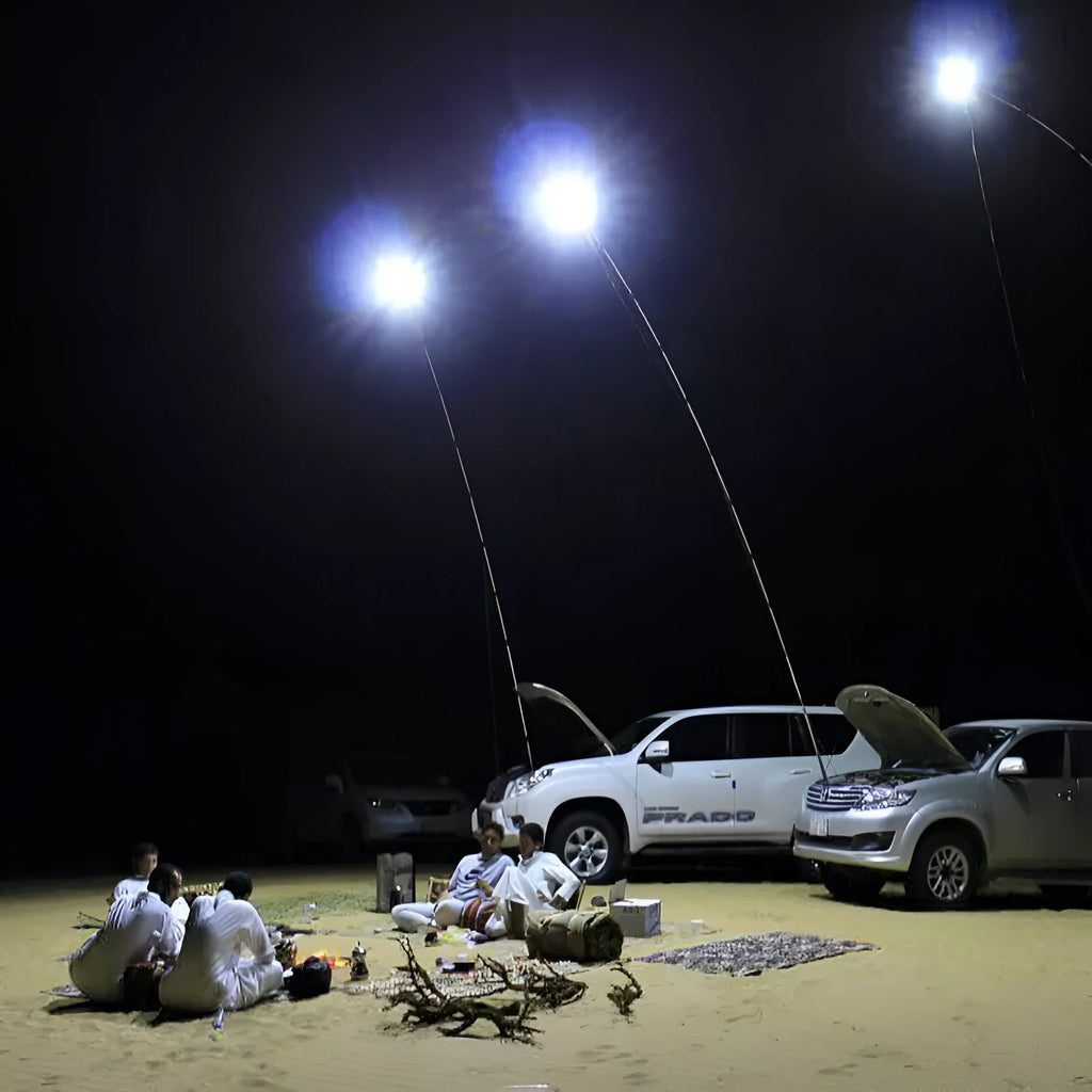 LED fishing rod light unit mounted on telescopic pole with remote control for outdoor lighting
