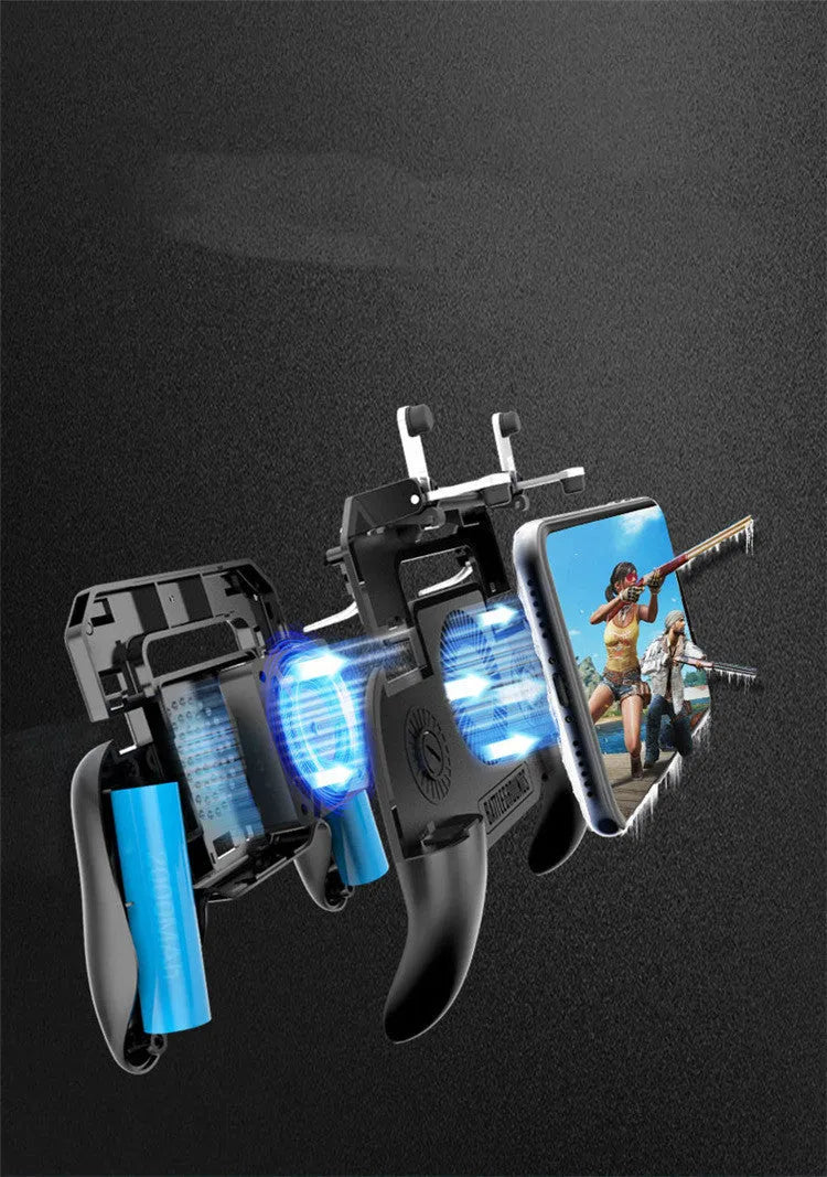 Black mobile game controller with USB connector, grip texture, and action buttons on a smartphone.