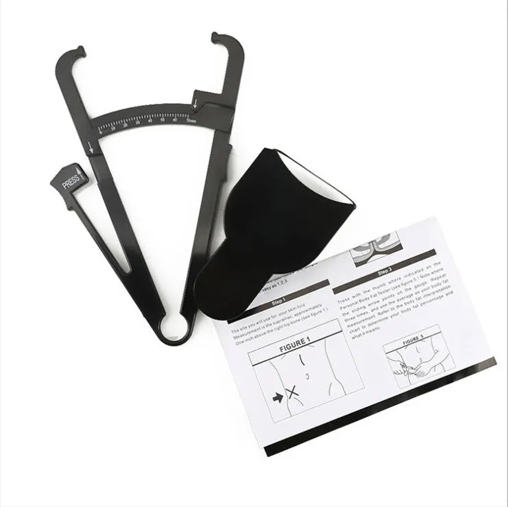 Black ABS plastic body fat caliper with measurement scale and cable.