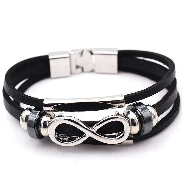Men's leather bracelet retro geometry design black colour 21cm total length metal fitting