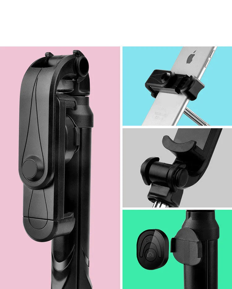 Black Bluetooth tripod selfie stand for iPhone with extended legs and rotating phone clip