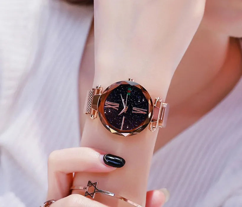 Starry Sky women's watch with magnetic mesh strap, 34mm alloy case, glass surface, diamond dial, available in multiple colours