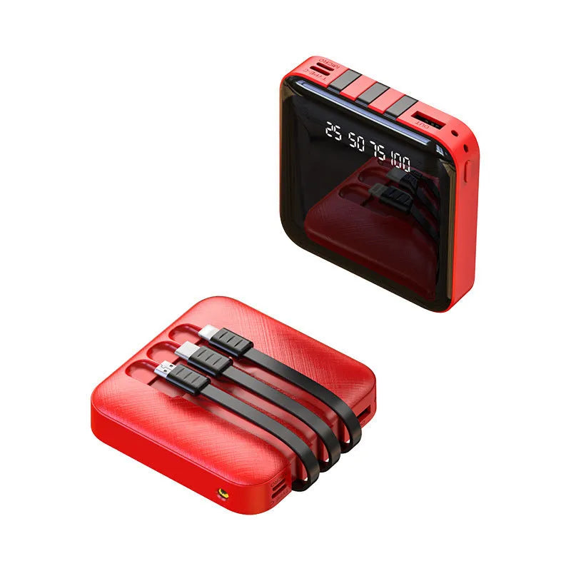 Black power bank with built-in charging cable showing 10000mAh capacity