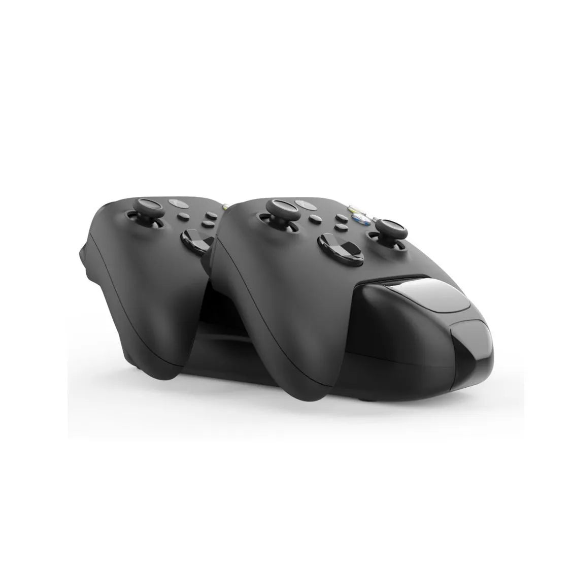 Black Xbox Series X twin controller charging dock with LED lights, showing two controllers on charge.