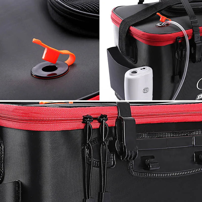 Collapsible EVA portable fishing bag in black with nylon zipper, folded flat on a wooden table