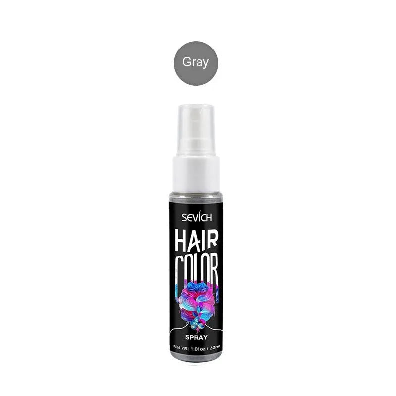 Disposable hair dye spray canister with temporary colour options in blue, grey, pink, purple, red, and white shades