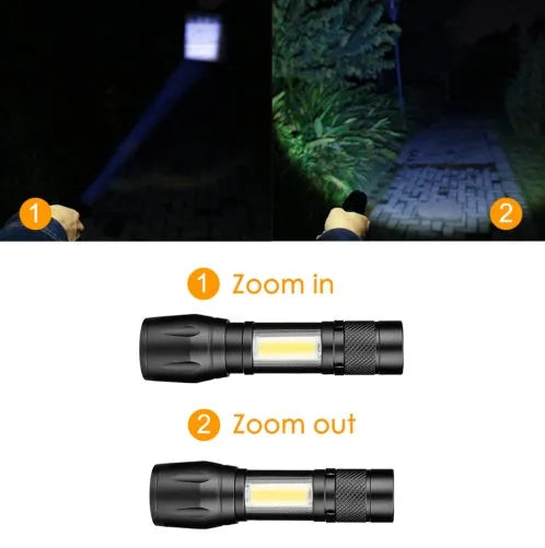 Black aluminium alloy mini torch with adjustable zoom focus and clip for pocket carry