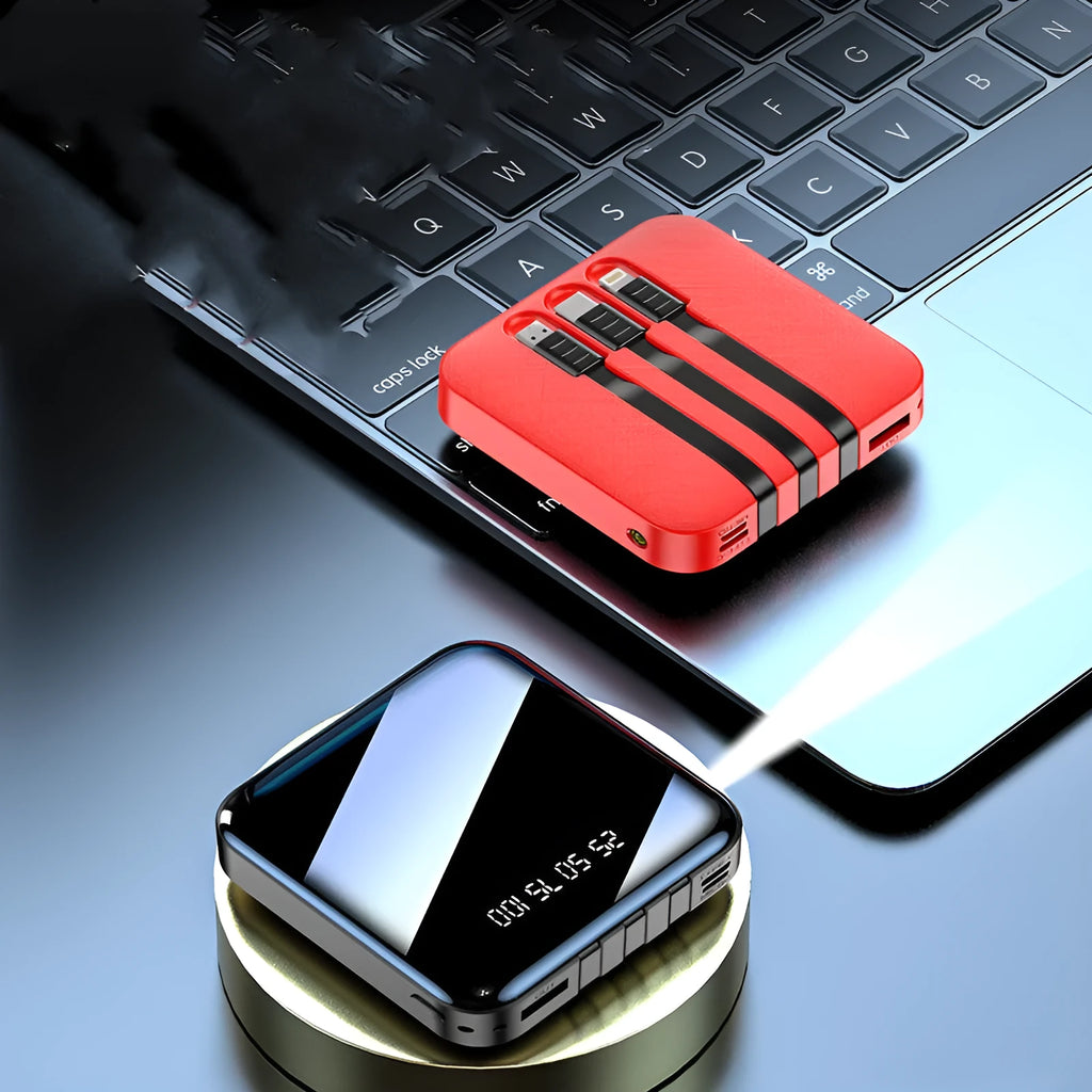 Black power bank with built-in charging cable showing 10000mAh capacity