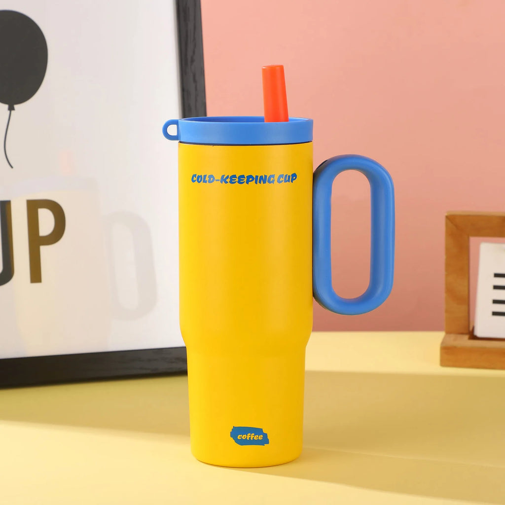 Large insulated straw cup with handle in multiple colour options showing temperature retention features