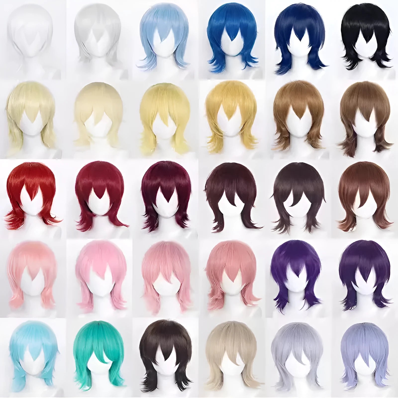 Short red anime-style cosplay wig with a straight, lengthened hair tail on a wig stand.