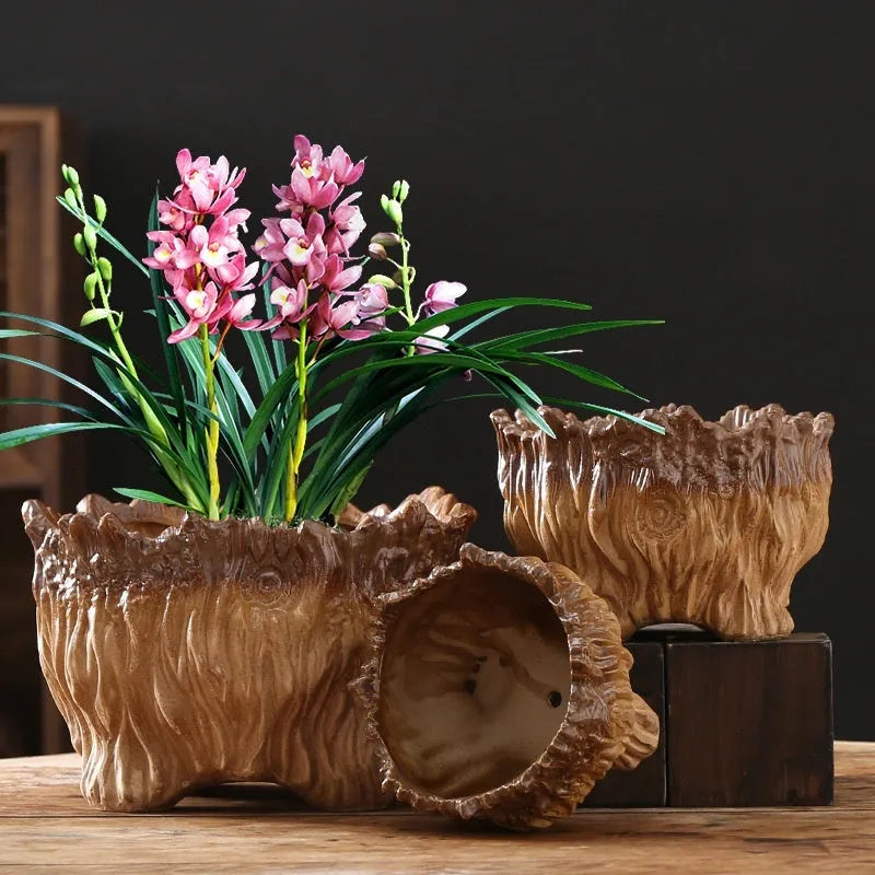 Ceramic flower pot wood shaped tree root design extra large size for succulent plants home gardening