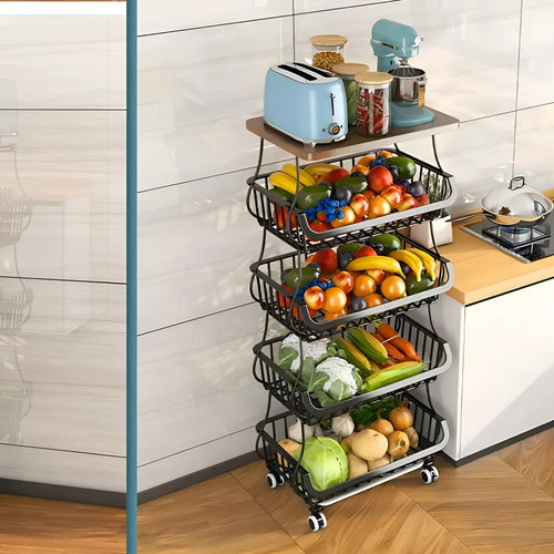 Black six-layer freestanding kitchen storage trolley with foldable carbon steel frame