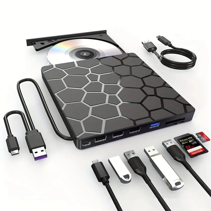 Black external USB CD/DVD drive with compact rectangular design on desktop