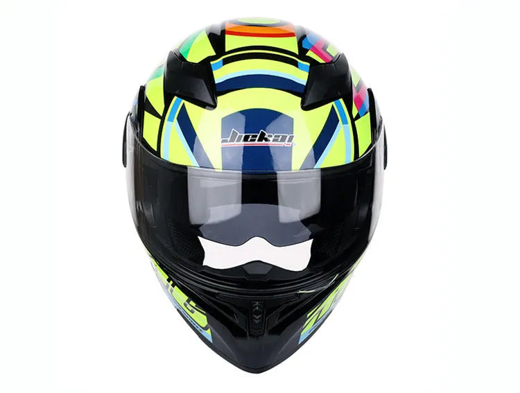 Plastic motorcycle racing helmet with adjustable 55-63cm fit, 38x27cm, available in Black Blue Green Red Yellow