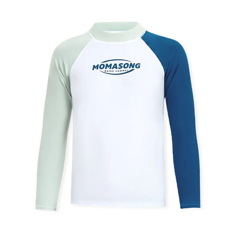 Men's white long-sleeved swimsuit top with colour-matched double-layer swimming trunks