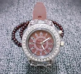 Women's LED luminous quartz watch with round 43mm dial and silicone strap in various colours