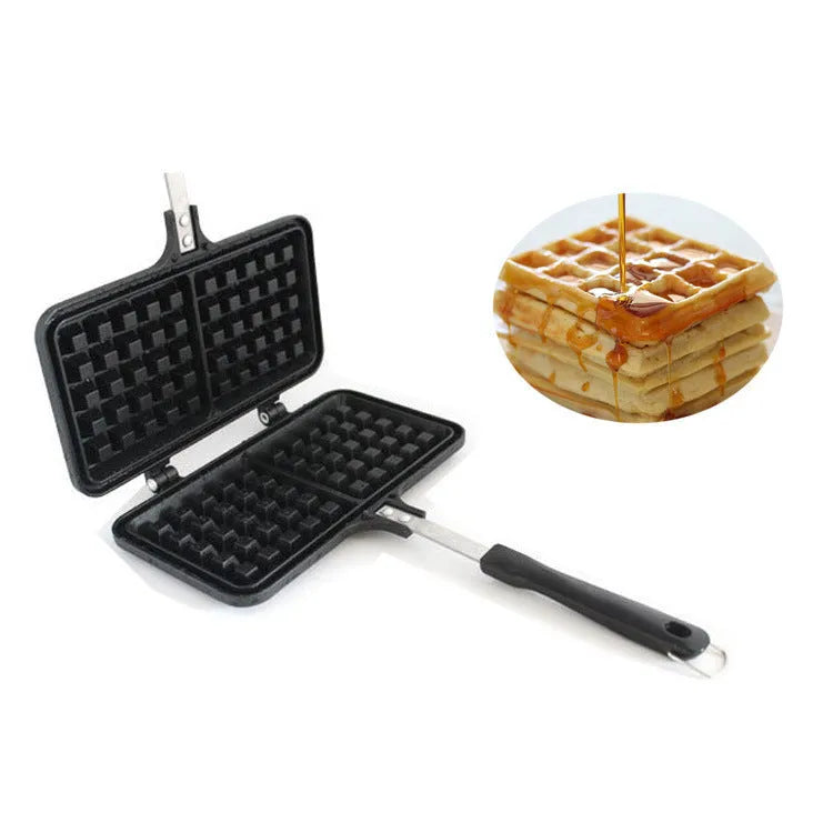 Black non-stick aluminium waffle plaid cake mold with locking handle on gas stove