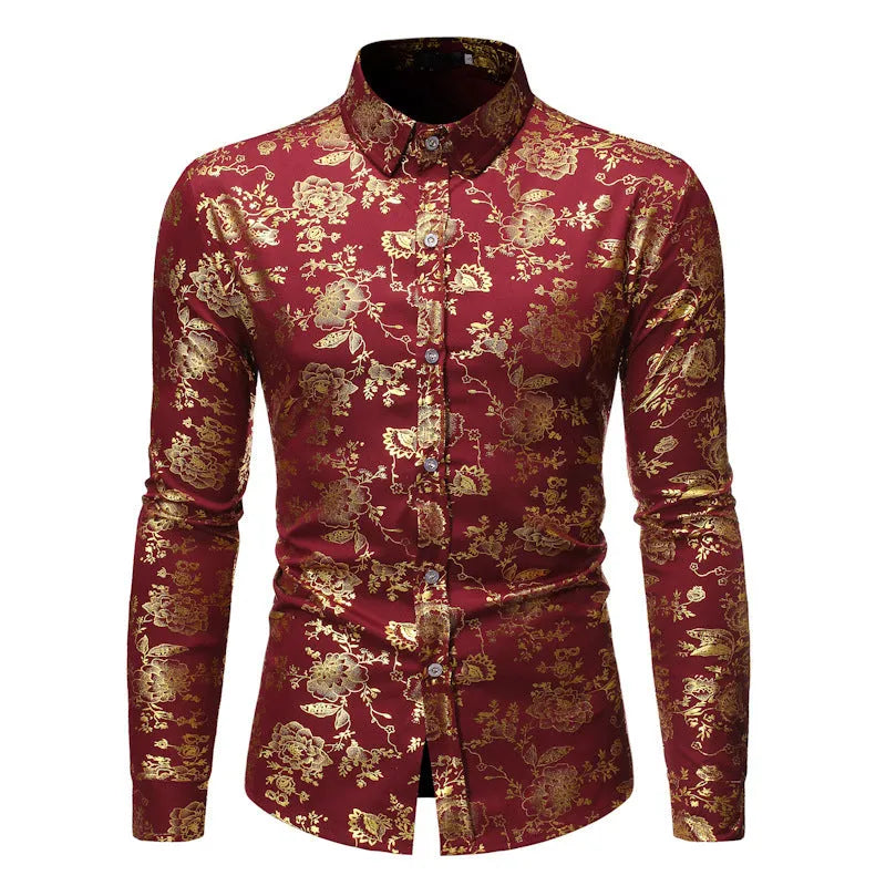 Men's casual shirt with bronzing digital print and metallic lapel details on polyester fabric.