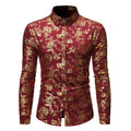 Men's casual shirt with bronzing digital print and metallic lapel details on polyester fabric.