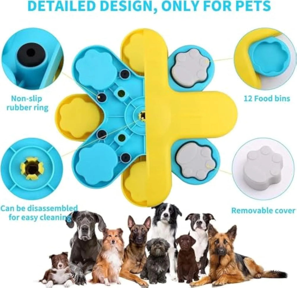Yellow interactive dog puzzle feeder toy with rotating lids on a non-slip base