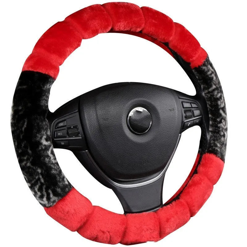 Short plush steering wheel cover for winter, universal fit 38cm, bamboo beige colour