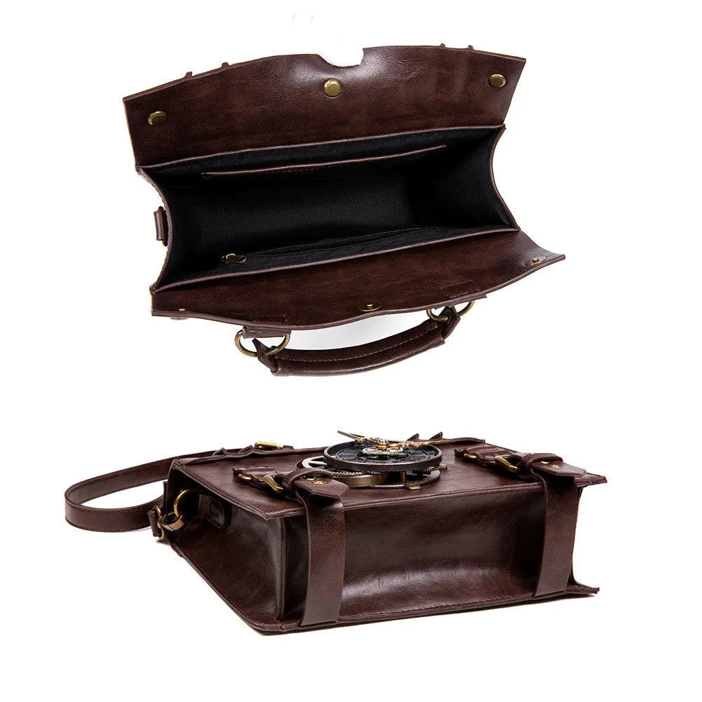 Bronze steampunk shoulder bag with industrial retro styling and horizontal square shape