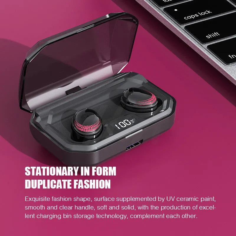 Black X10 Bluetooth wireless headset and its matching charging case on a solid background.