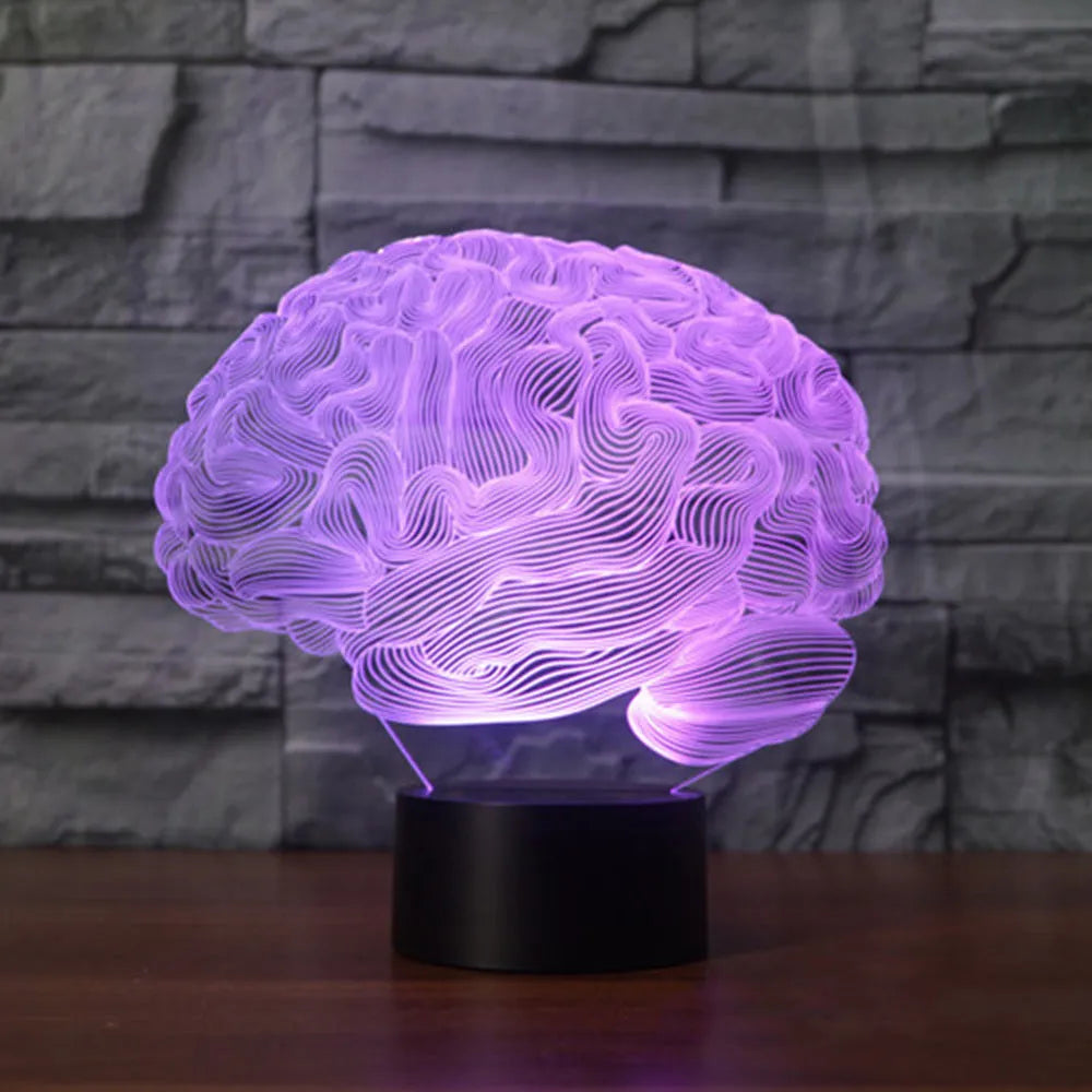 3D acrylic brain illusion LED desk lamp with colour-changing lights on black ABS base