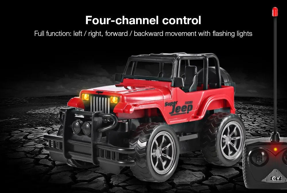 Wrangler Knight remote control off-road car in red on a grass surface with controller