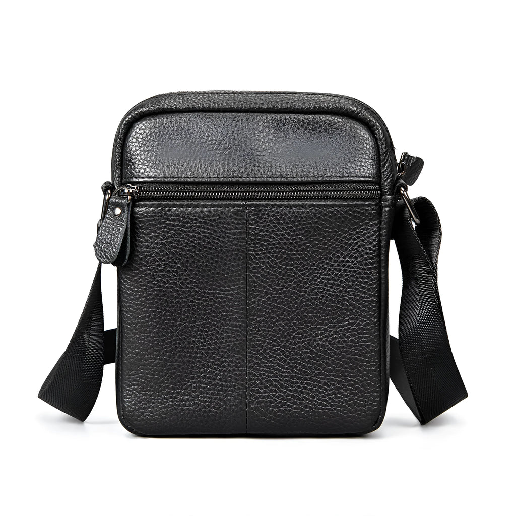 Men's first layer cowhide genuine leather crossbody bag in black, 16.5x7x21cm, solid colour street trend style