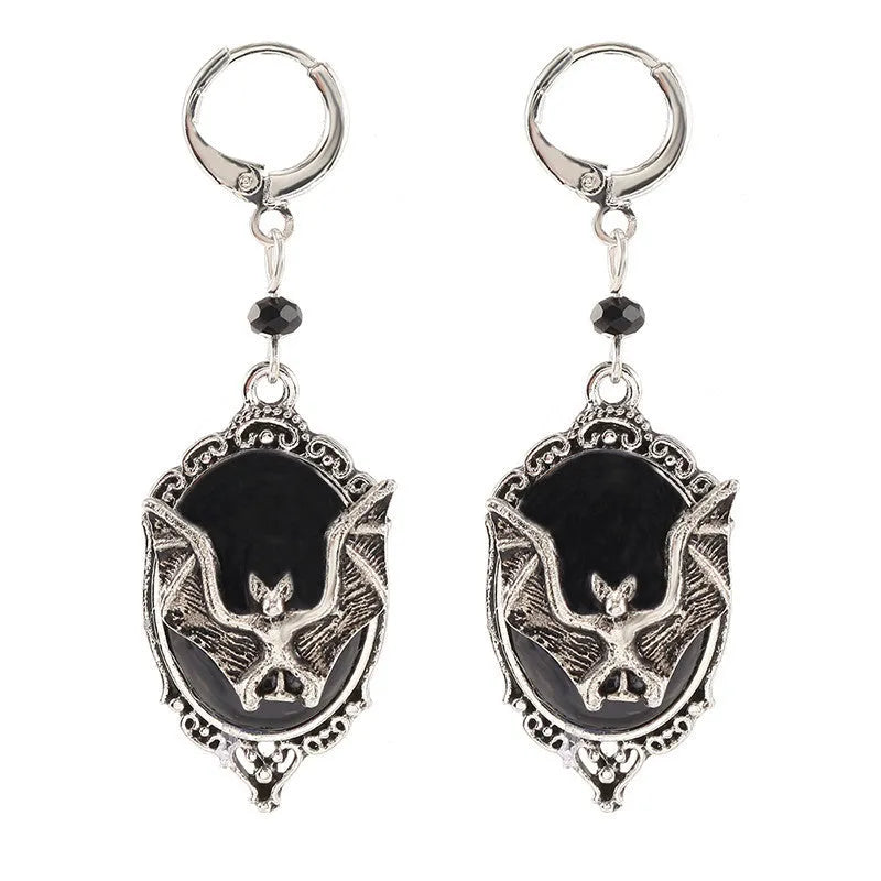Black alloy Halloween bat earrings with electroplated finish and inlaid gems, unisex style
