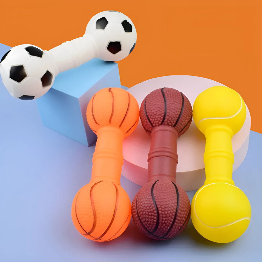 Brown, orange, white, and yellow PVC football dumbbell shaped squeaky dog chew toy