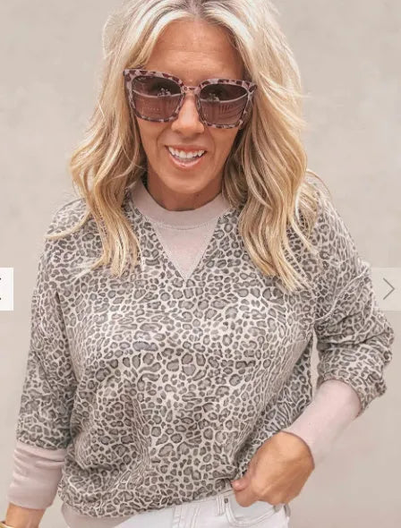 Women's round neck long sleeve leopard print top in brown, polyester fibre, size S to XL