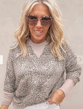Women's round neck long sleeve leopard print top in brown, polyester fibre, size S to XL
