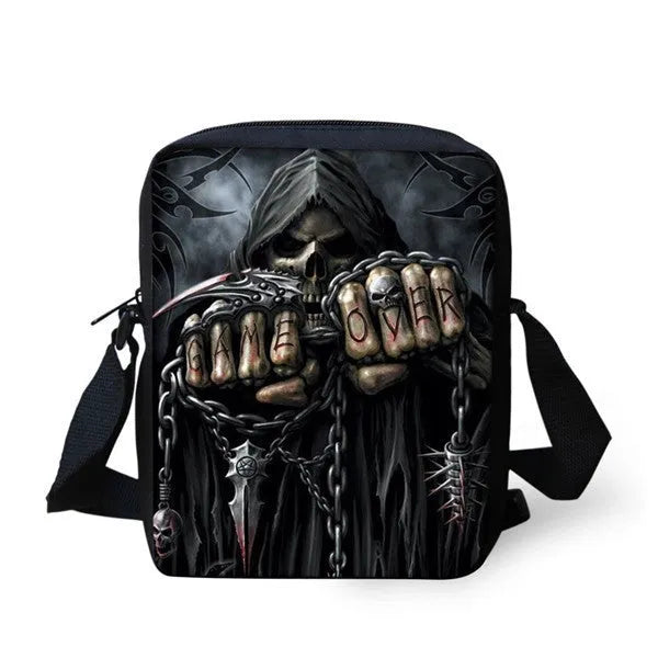 Children's skull pattern messenger bag in polyester, showing double straps and zipper opening.