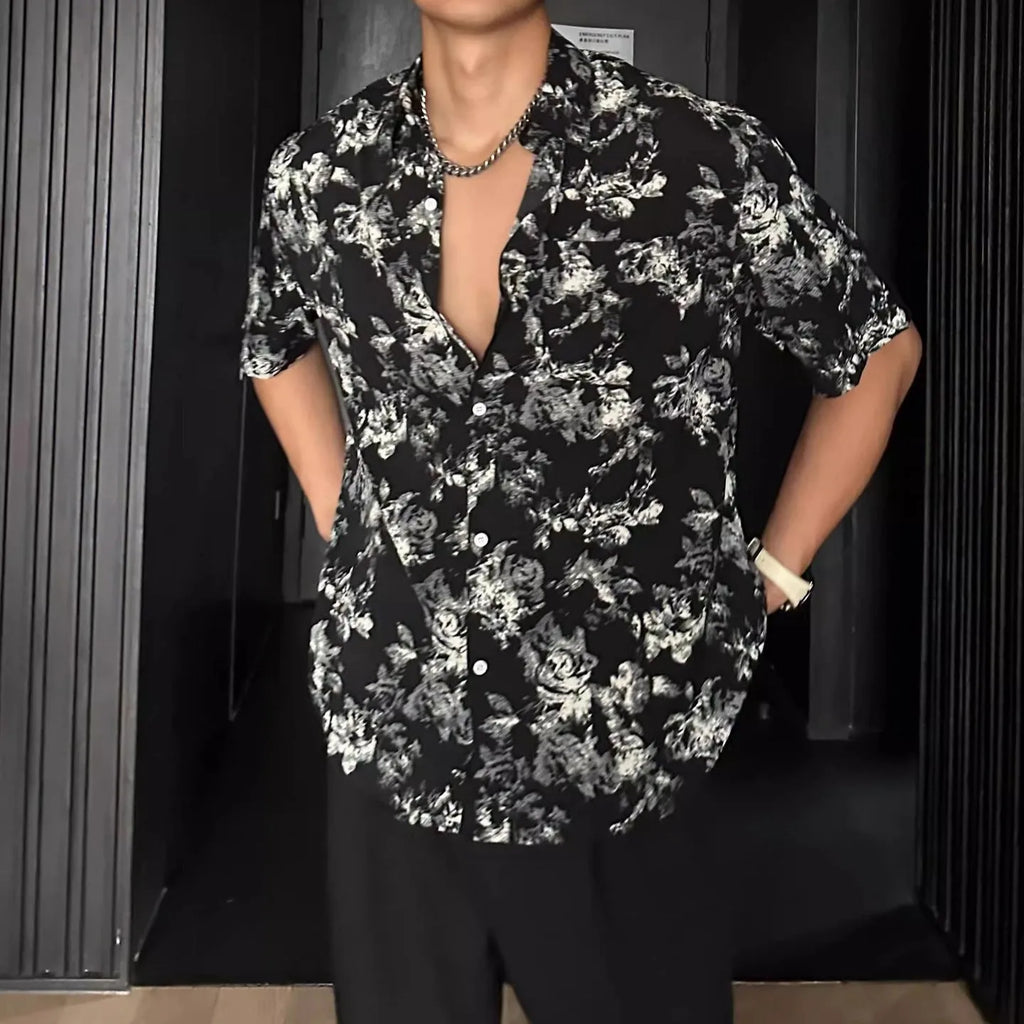 Black and white floral printed short sleeve shirt with loose fit cardigan style