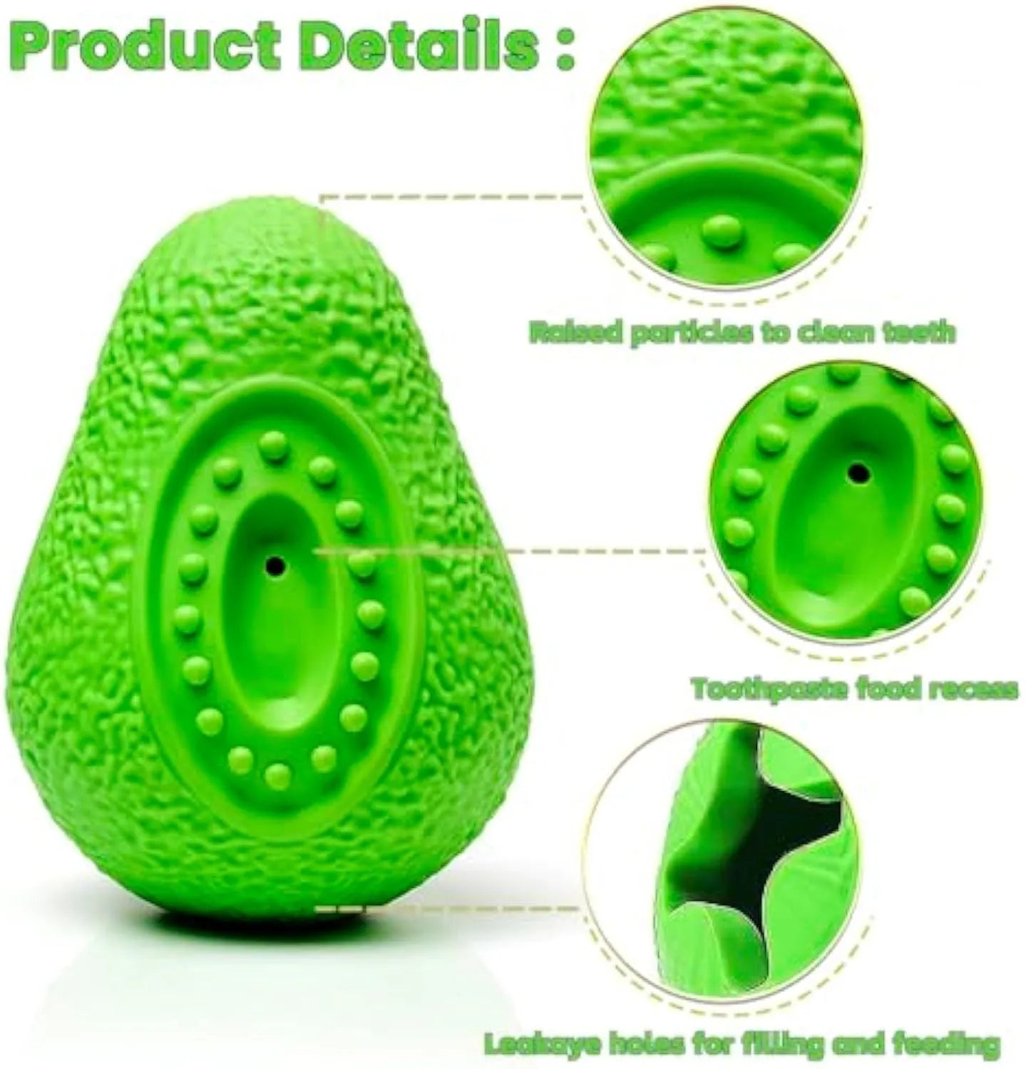 Green avocado-shaped rubber dog chew toy with textured surface for aggressive chewers