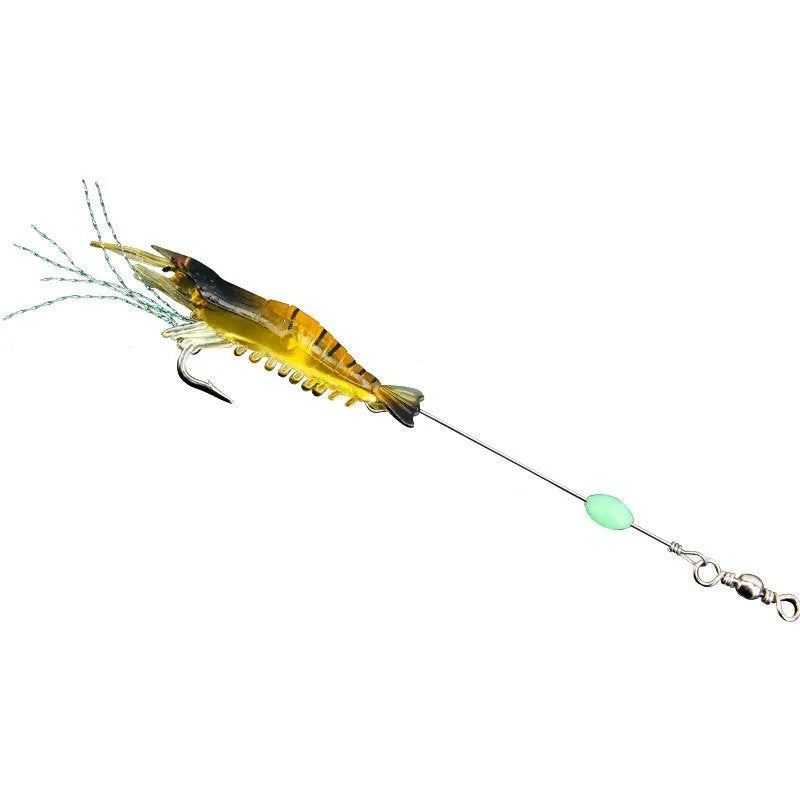 Six soft plastic fishing lures with hooks in assorted colours including black head yellow body and luminous pink