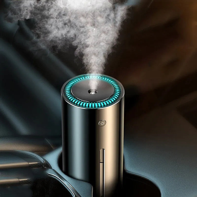 Aluminium alloy car diffuser humidifier and air purifier unit in black or dark grey.