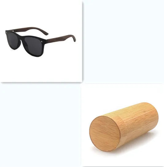 Natural bamboo and wood sunglasses with TAC polarised UV400 lenses and mirror leg, shown in Black colour option