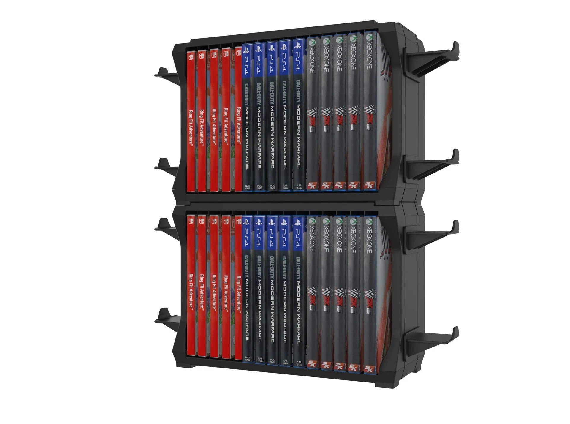 Black PS5 disc holder and controller stand showing game cartridge slots and spaces for four controllers