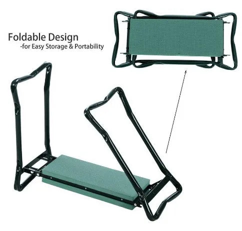 Foldable green garden kneeling bench with metal frame and two side pouches on lawn