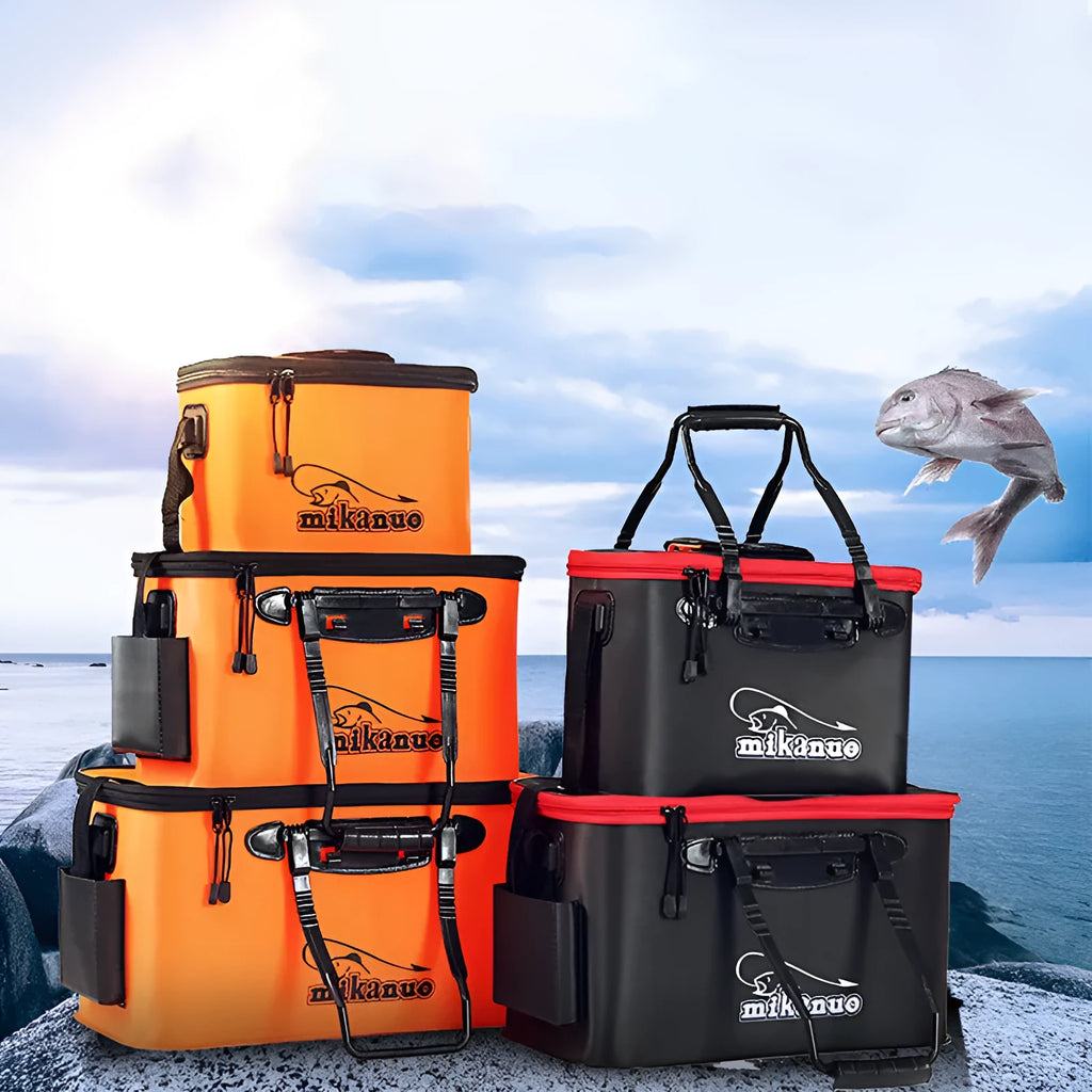 Collapsible EVA portable fishing bag in black with nylon zipper, folded flat on a wooden table